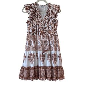 Celina Moon Brown White Floral Tiered Ruffle Mini Dress XS Boho Tassel V-Neck